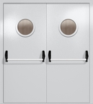 Двупольная дверь ei-60 с круглыми стеклами и ручками «антипаника» (цвет светло-серый RAL 7047)