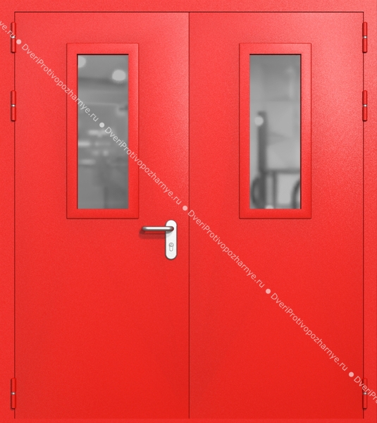 Двупольная дверь ei-60 со стеклами 700x300 и ручками хром (цвет красный RAL 3020) Двупольная дверь ei-60 со стеклами 700x300 и ручками хром (цвет красный RAL 3020)