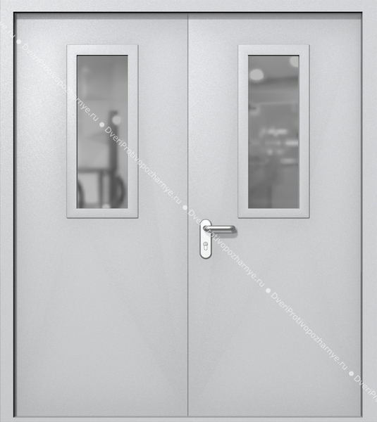 Двупольная дверь ei-60 со стеклами 700x300 и ручками хром (цвет светло-серый RAL 7047)