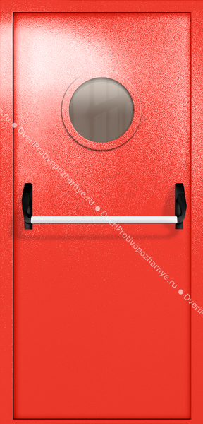 Однопольная дверь ei-60 с круглым стеклом и ручкой «антипаника» (цвет красный RAL 3020) Однопольная дверь ei-60 с круглым стеклом и ручкой «антипаника» (цвет красный RAL 3020)