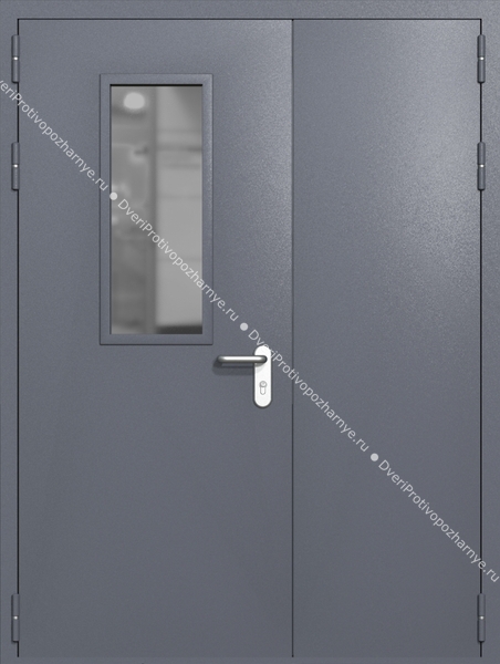 Полуторапольная дверь ei-60 со стеклом 700x300 и ручками хром (цвет темно-серый RAL 7015)