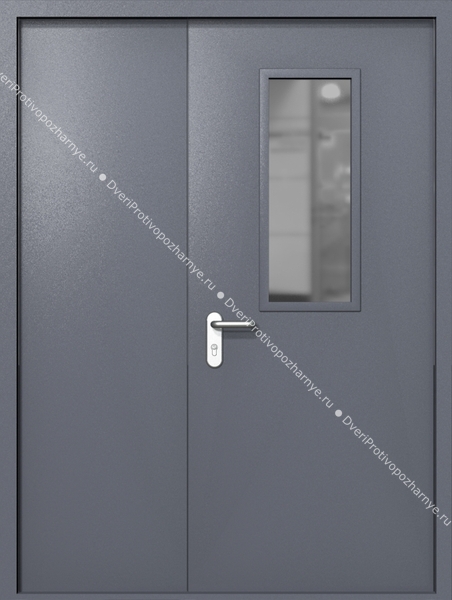 Полуторапольная дверь ei-60 со стеклом 700x300 и ручками хром (цвет темно-серый RAL 7015)