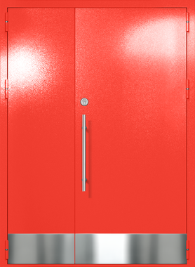 Полуторапольная глухая техническая дверь с отбойниками (цвет красный RAL 3020) Полуторапольная глухая техническая дверь с отбойниками (цвет красный RAL 3020)