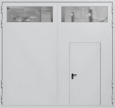 Распашные крупногабаритные ворота ei-60 с остеклением и калиткой (цвет светло-серый RAL 7047)