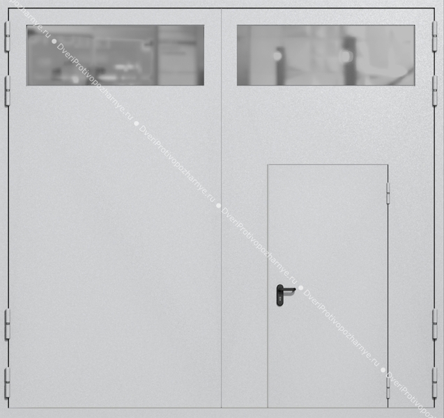 Распашные крупногабаритные ворота ei-60 с остеклением и калиткой (цвет светло-серый RAL 7047)