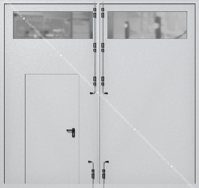 Распашные крупногабаритные ворота ei-60 с остеклением и калиткой (цвет светло-серый RAL 7047)